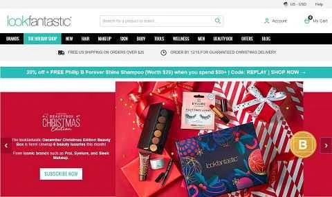 英国のスキンケアブランド、Lookfantastic の米国ウェブサイト。