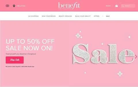 アメリカのスキンケア・美容ブランド、Benefit UKのウェブサイト