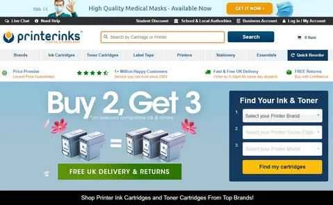 PrinterInksの公式サイト、英国のオフィス用品ショッピングサイト