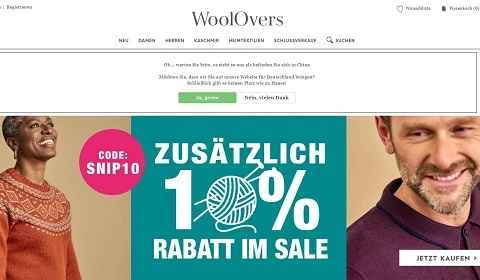 Woolovers Germany のウェブサイト（DE: 英国のカシミア衣料品小売業者）