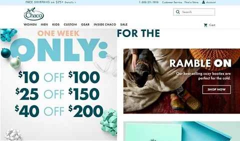 アメリカの有名スポーツサンダルブランドChacoのウェブサイト
