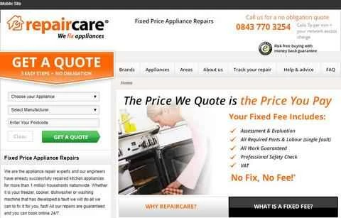 Repaircare公式サイト、英国の家電修理ウェブサイト