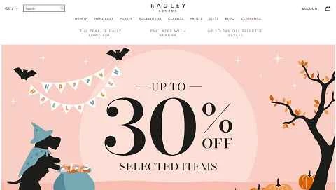英国のファッションとハンドバッグのブランド、Radleyのウェブサイト