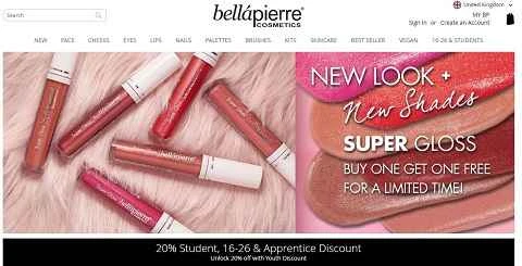 アメリカのミネラルメイクアップブランド、ベラピエールコスメティックスのウェブサイト