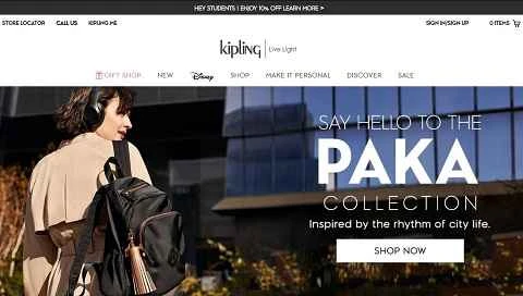 カジュアルファッションハンドバッグブランド Kipling のアメリカのウェブサイト、Kipling-USA。
